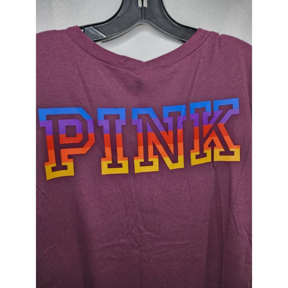 Victoria's Secret PINK V Neck Long Sleeve Rainbow Logo Campus Tee Small NEW - Picture 4 of 6